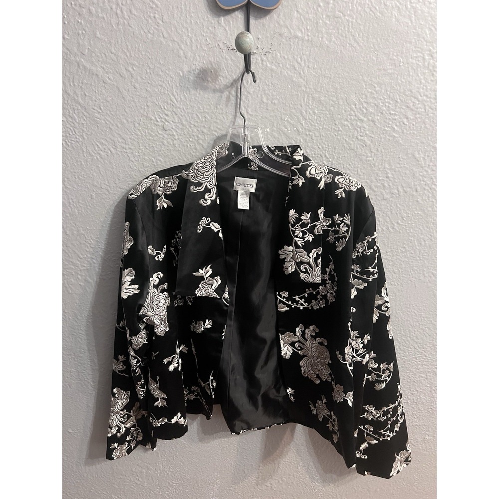 Chico's Eastern Mood Lenie Silk Blend Embroidered Open Front Jacket Size 2 Women